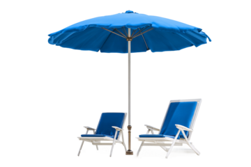 Sunshade umbrella with beach chairs isolated on transparent background
