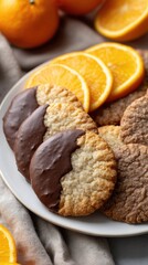 Fototapeta premium Plate holds orange shortbread cookies and sliced oranges with warm colors under soft lighting in a cozy kitchen setting