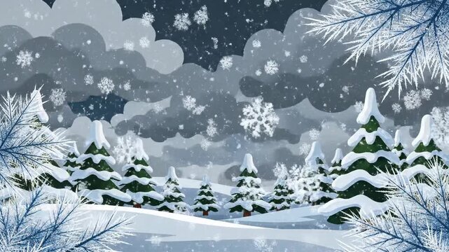 Animated winter scene with falling snow and evergreen trees