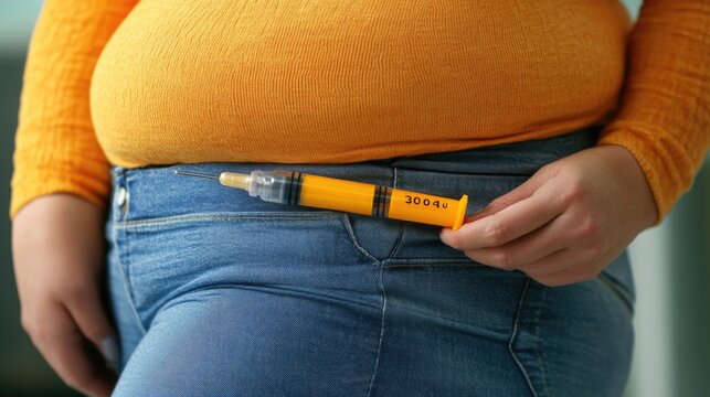 Close-up of a plus-size womans body holding an insulin cartridge pen, highlighting diabetes management and healthcare