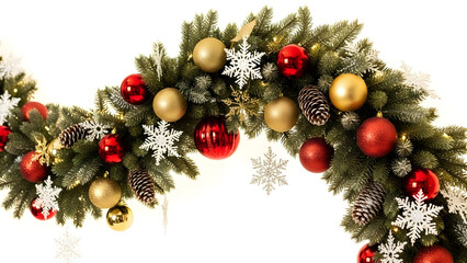 Christmas Garland with Red Gold Ornaments and Snowflakes on White
