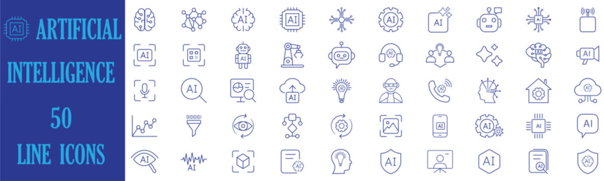 AI line icons. Artificial intelligence icon set. AI icon set. Artificial intelligence line icons. robotics and AI tech icons with automation, neural network, processor for  app , UI, UX and tech use