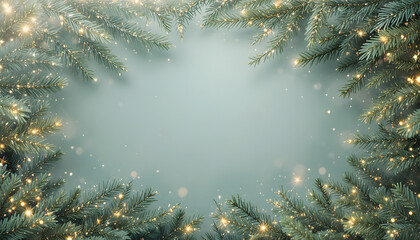 Christmas background. Green fir branches with gold baubles on a red backdrop. Christmas, winter holidays, New Year