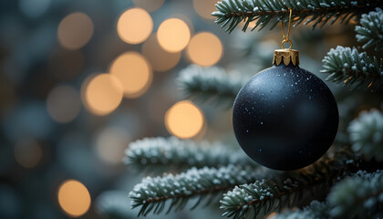 christmas tree with black balls in golden bokeh lights background