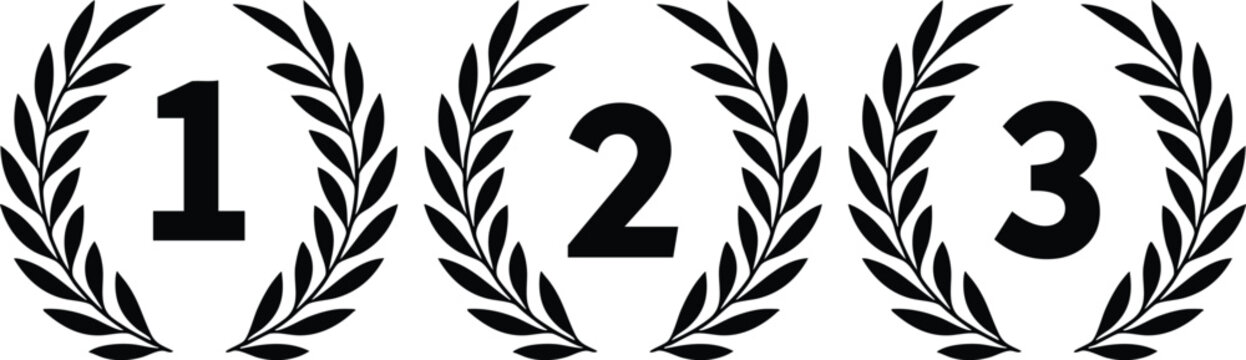Set of laurel wreath icons with numbers 1 2 and 3 representing first second and third place for awards and achievements
