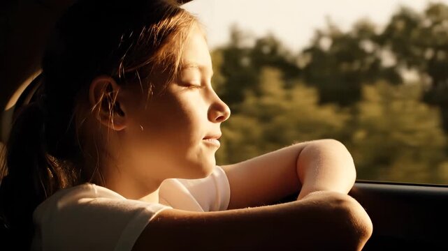 Girl resting by car window. Child leaning with face toward sunlight and warm golden glow. Kid closes eyes and smiles softly while breeze moves hair. Portrait captures calm expression during travel.