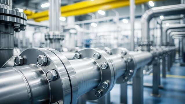Close-up of shiny industrial pipes with flanges and bolts in a modern factory setting.