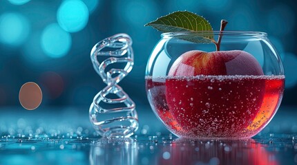 Macro fantasy-science composition featuring a red apple enclosed inside a spherical glass container filled with effervescent red sparkling bubbles a transparent glass DNA double-helix sculpture.
