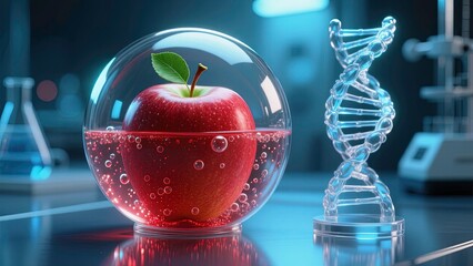 Macro fantasy-science composition featuring a red apple enclosed inside a spherical glass container filled with effervescent red sparkling bubbles a transparent glass DNA double-helix sculpture.