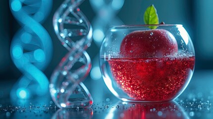 Macro fantasy-science composition featuring a red apple enclosed inside a spherical glass container filled with effervescent red sparkling bubbles a transparent glass DNA double-helix sculpture.
