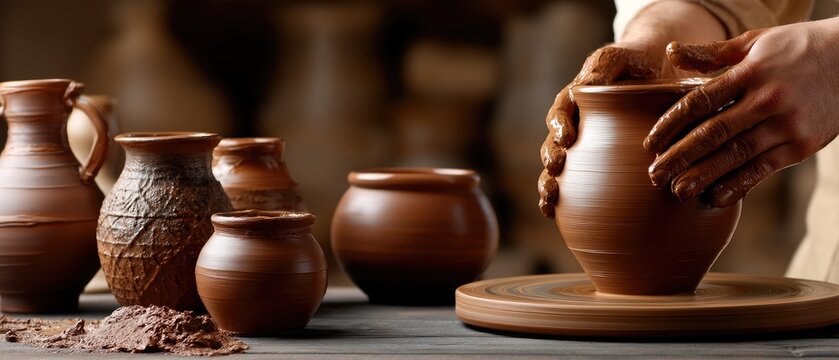 Close-up of hands shaping clay on a potters wheel in a studio setting with soft glow and detailed textures at work in traditional craft - Powered by Adobe