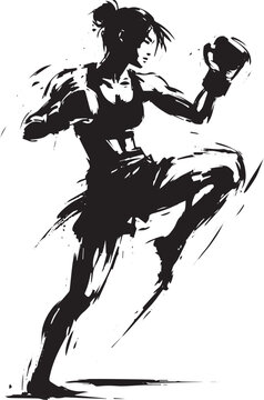 Dynamic Brushwork Depiction of Female Martial Artist in Muay Tha