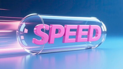 The word speed in bold 3d pink letters encased in a glossy transparent glass capsule, dynamic streak effects trail from the left side, giving the impression of extreme velocity and energy.