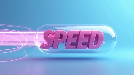 The word speed in bold 3d pink letters encased in a glossy transparent glass capsule, dynamic streak effects trail from the left side, giving the impression of extreme velocity and energy.