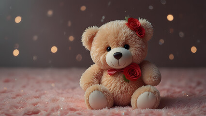 Obraz premium Fluffy beige stuffed teddy bear sitting with small red rose and soft pink glitter background. Valentine's Day concept