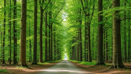 Fototapeta premium Path through a vibrant green forest with tall trees