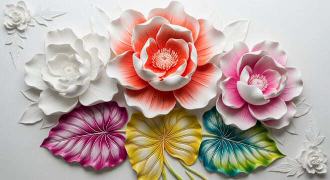 White Matte Flower with Coral and Pink Petals 3D Relief Wall Art, 3D floral Wallpaper for cover, mural, invitation, poster, canvas print, wall decor painting design