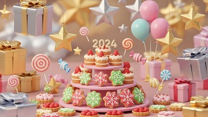 Festive 2024 Celebration with Sweet Treats and Sparkling Decorations