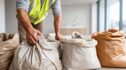 Technician disposing of contaminated materials safely. A worker places removed drywall sections into heavy-duty contractor bags. The process communicates care, cleanliness