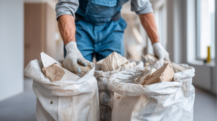 Technician disposing of contaminated materials safely. A worker places removed drywall sections into heavy-duty contractor bags. The process communicates care, cleanliness