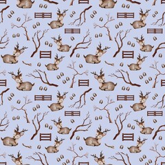 Winter Seamless Pattern &ndash; Digital Watercolor  Deer and Branches