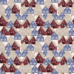 Winter Nordic Village Seamless Pattern &ndash; Watercolor Houses on light Background