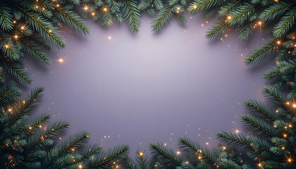 Christmas background. Green fir branches with gold lights on a purple backdrop. Christmas, winter holidays, New Year