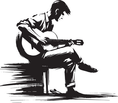 Monochrome illustration of a musician serenading on guitar in su