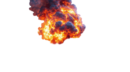 A massive explosion, vibrant flames surrounded by dark smoke, isolated