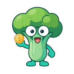 Obraz premium Cute Cartoon Broccoli Holding a Gold Coin