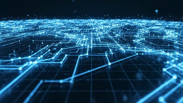 Abstract visualization of digital connectivity and data flow shown as blue lines and dots growing across a large, empty virtual screen surface data flow, empty room, seamless