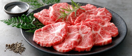 Japanese prime eye of beef sliced and arranged on a dark plate with rosemary and pepper on a rustic background, captured from above in a studio