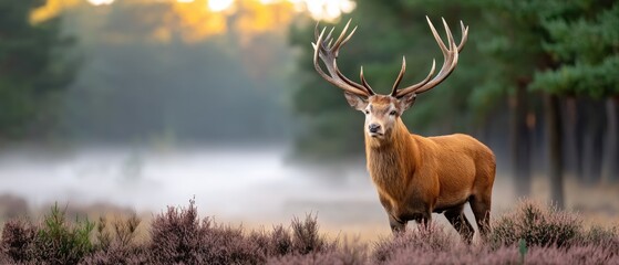 Red deer standing in heather during winter morning mist with forest and fog in the background