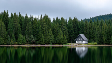 Small wooden house in coniferous forest on lakeside, peaceful retreat escape from city