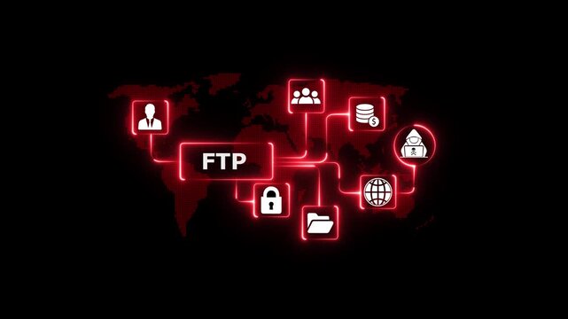 F T P network connection global data transfer concept with icons for business finance communication security and launch on digital world map background