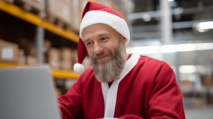 Bearded man in red suit working on laptop in gift warehouse, organizing Christmas present distribution