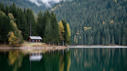 Fototapeta premium Small wooden house in coniferous forest on lakeside, peaceful retreat escape from city