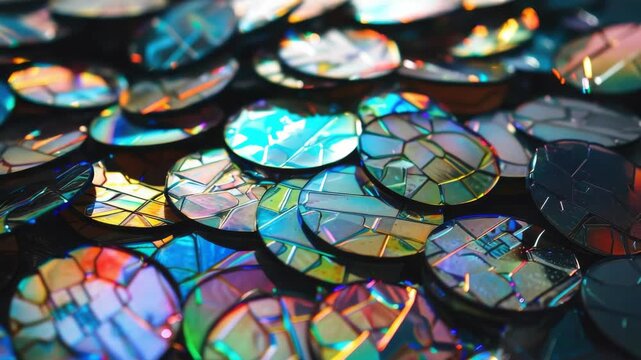 Breathtaking close-up of shattered CDs showcasing the prismatic array of light they emit.
