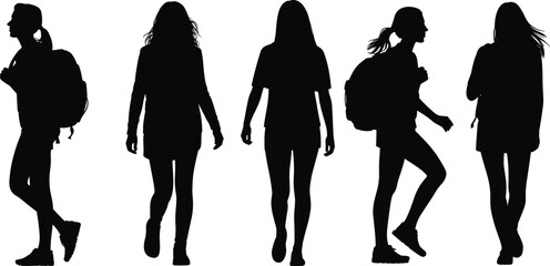 Female Silhouette Figures Walking and Standing – Casual Posture Scene with Backpacks and Motion Poses for Lifestyle and Design Use