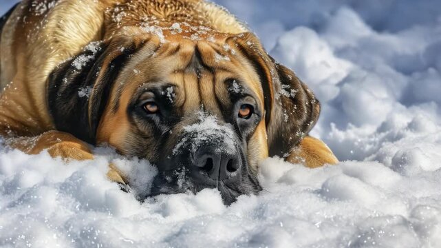 A close-up of a dog with snow on its face and nose.