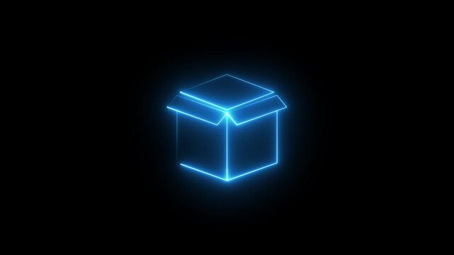 Neon open gift box icon animation on black background, glowing present symbol, festive celebration graphic, surprise package outline