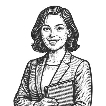 smiling female product manager in glasses and blazer with arms crossed sketch engraving generative ai fictional character vector illustration. Scratch board imitation. Black and white image.