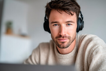 Young man wearing headphones with a focused expression, looking directly at the camera, potentially working, studying, or enjoying music at home.