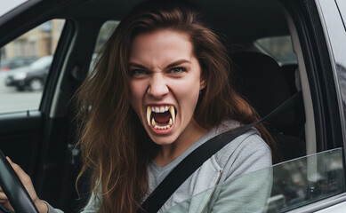 Jeune femme brune transform&eacute;e en cr&eacute;ature ou vampire avec de longues canines, portant un sweat-shirt &agrave; capuche gris clair et une ceinture de s&eacute;curit&eacute;, hurlant de col&egrave;re ou d'agressivit&eacute; au volant d'un