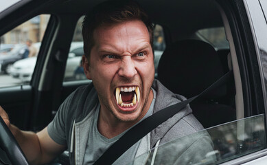 Homme d'&acirc;ge moyen transform&eacute; en vampire ou cr&eacute;ature avec de grandes canines, portant un sweat-shirt gris et une ceinture de s&eacute;curit&eacute;, hurlant de rage ou d'agressivit&eacute; au volant d'une voiture, dans un 