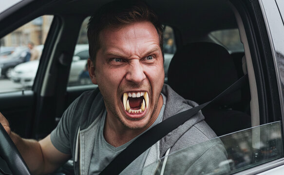 Homme d'&acirc;ge moyen transform&eacute; en vampire ou cr&eacute;ature avec de grandes canines, portant un sweat-shirt gris et une ceinture de s&eacute;curit&eacute;, hurlant de rage ou d'agressivit&eacute; au volant d'une voiture, dans un 