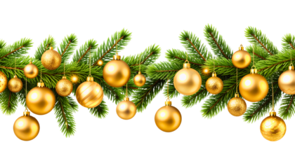 Christmas Branches Border with Christmas Decorations on Transparent Background