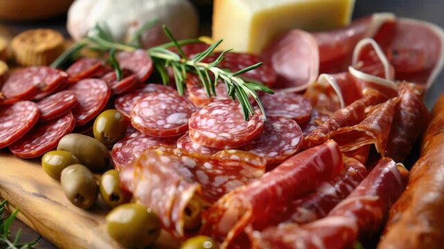 A delicious display of cured meats and olives garnished with herbs on a wooden board.