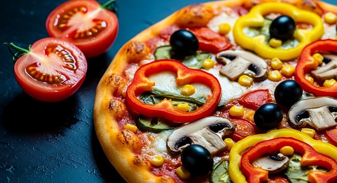 Delicious pizza with fresh tomatoes, mushrooms, and colorful bell peppers - Powered by Adobe