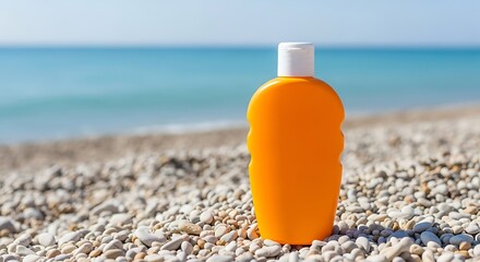 Orange bottle of sunscreen lotion on a pebble beach with sea in background